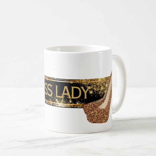 ボスの女性|シックで黒い金ゴールドのグリッターのハイヒール コーヒーマグカップ (正面右)