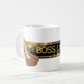 ボスの女性|シックで黒い金ゴールドのグリッターのハイヒール コーヒーマグカップ (正面左)