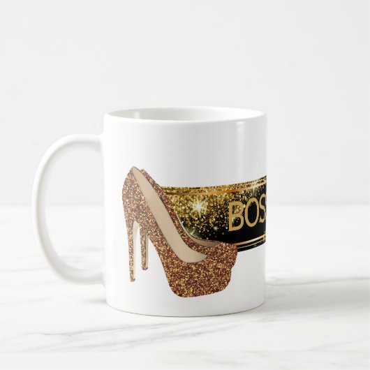 ボスの女性|シックで黒い金ゴールドのグリッターのハイヒール コーヒーマグカップ (左)