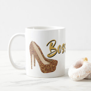 ボスの女性 シックで黒い金ゴールドのグリッターのハイヒール コーヒーマグカップ