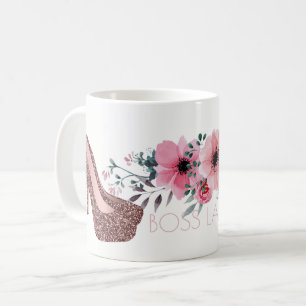 ボスの女性 上品の花柄のばら色の金ゴールドのグリッターの靴 コーヒーマグカップ