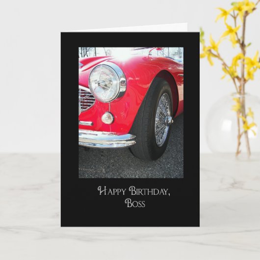 ボスの誕生日赤のスポーツカー カード (黄色い花)