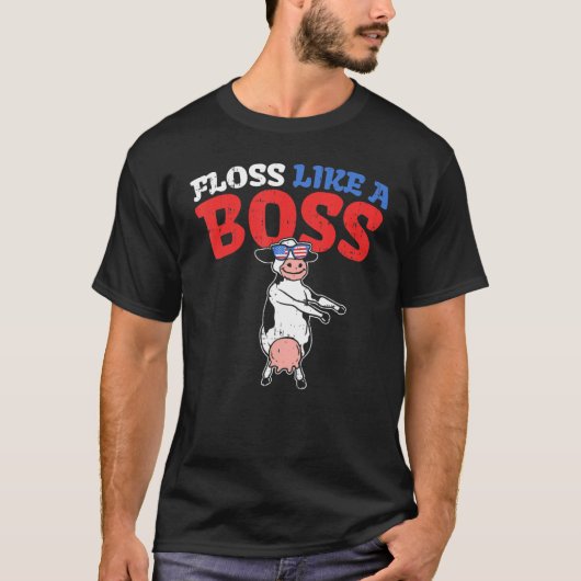 ボスみたいにフロス踊りをする牛 7月4日 Tシャツ (正面)
