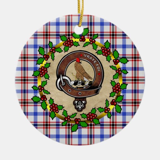 ボスウェルクランバッジ&タータンチェックパーソナライズされたクリスマス セラミックオーナメント (正面)