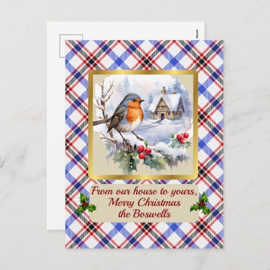 ボスウェルクレスト&タータンチェック(ロビン付パーソナライズされた) シーズンポストカード (正面/裏面)