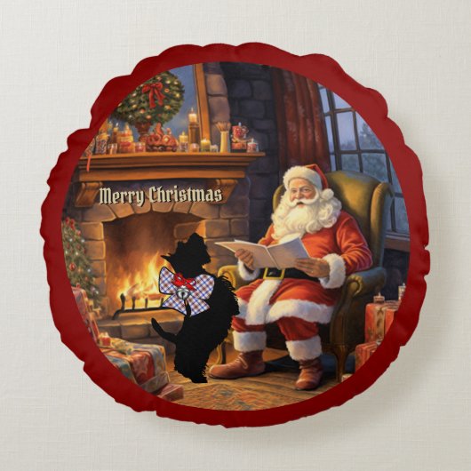 ボスウェルスコッチドッグ&サンタパーソナライズされたクリスマス ラウンドクッション (正面)