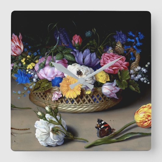 ボスシャエルトフラワースチルライフ虫オランダアート スクエア壁時計 (正面)