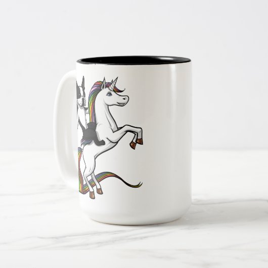 ボストおもしろいンテリアードッグライディングユニコーン ツートーンマグカップ (正面左)