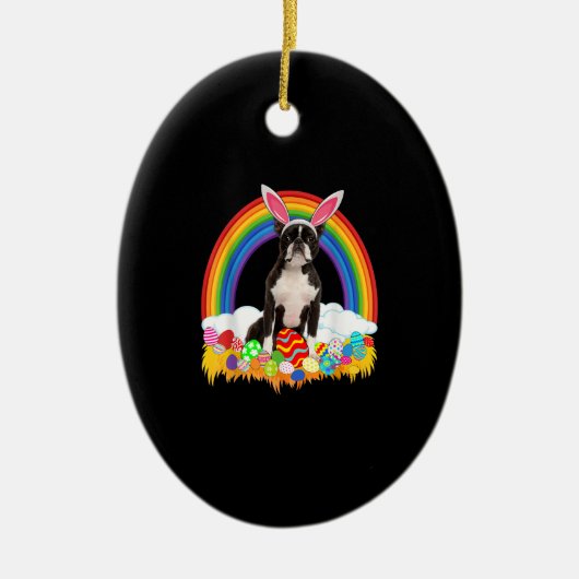 ボストおもしろいンテリア卵シャツドッグフラバーイースター セラミックオーナメント (正面)