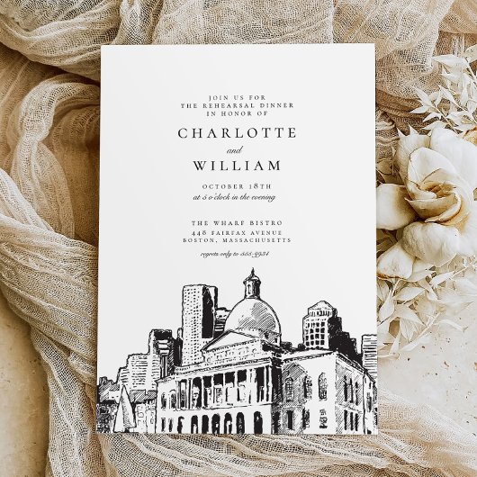 ボストエレガントモダンンスケッチリハーサルディナー 招待状