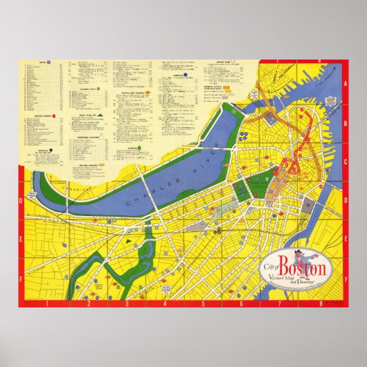 ボストンのヴィンテージ絵画風カラフル詳細地図 ポスター (正面)