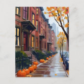 ボストンの秋 ブラウンストーンとカボチャ 水彩画 ポストカード (正面)