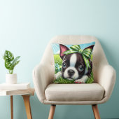 ボストンよくはしゃぐテリアパピーとグリーンボウ クッション (椅子)