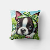 ボストンよくはしゃぐテリアパピーとグリーンボウ クッション (正面)