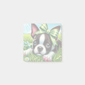 ボストンよくはしゃぐテリアパピーとグリーンボウ ポストイット (正面)