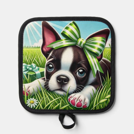 ボストンよくはしゃぐテリアパピーとグリーンボウ 鍋敷き (正面)