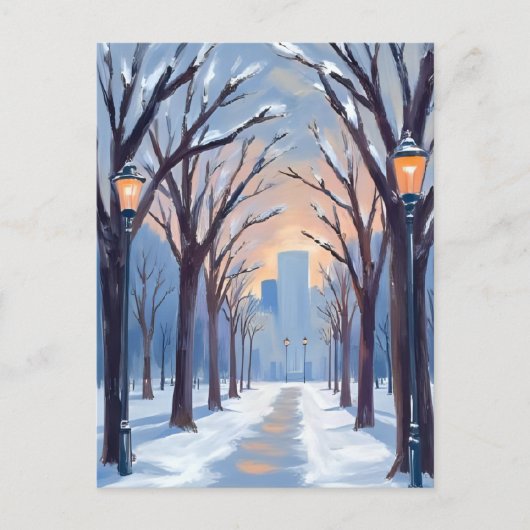 ボストンコモンウィンタースノーフォールウォーター色 ポストカード (正面)