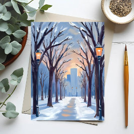 ボストンコモン冬の雪水彩画 ポストカード