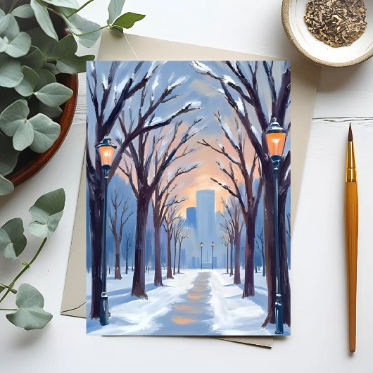ボストンコモン冬の雪水彩画 ポストカード