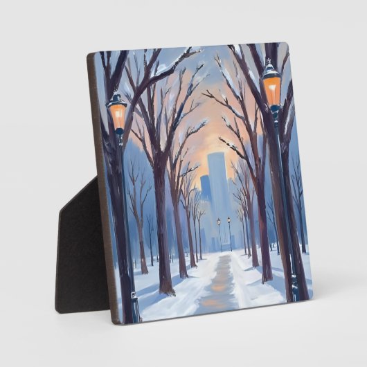 ボストンコモン冬季の降雪 水彩画 フォトプラーク (正面)
