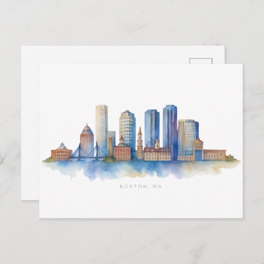 ボストンシティスカイラインウォーターカラー | ボストンモダンMA ポストカード (正面/裏面)