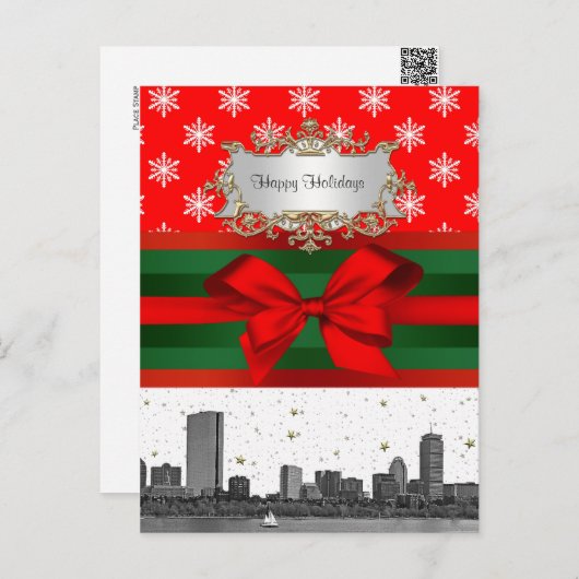 ボストンスカイラインレッドスノーフレーククリスマス シーズンポストカード (正面/裏面)