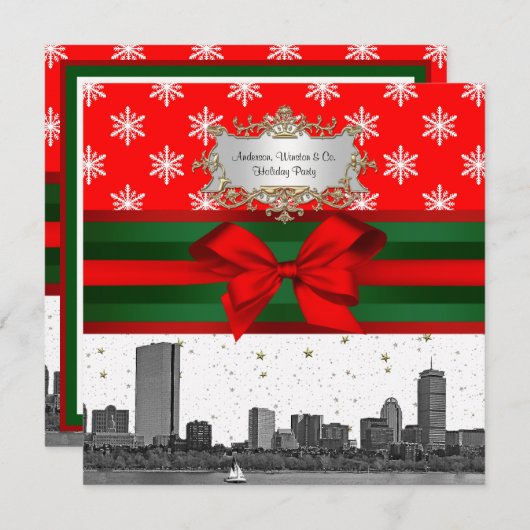 ボストンスカイラインレッドスノーフレーククリスマス 招待状 (正面/裏面)