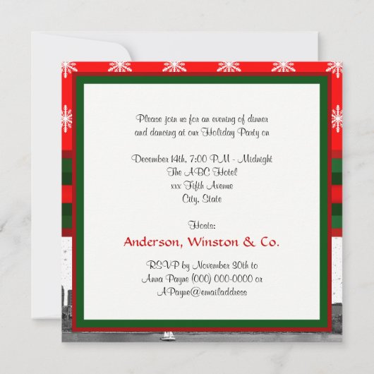 ボストンスカイラインレッドスノーフレーククリスマス 招待状 (裏面)