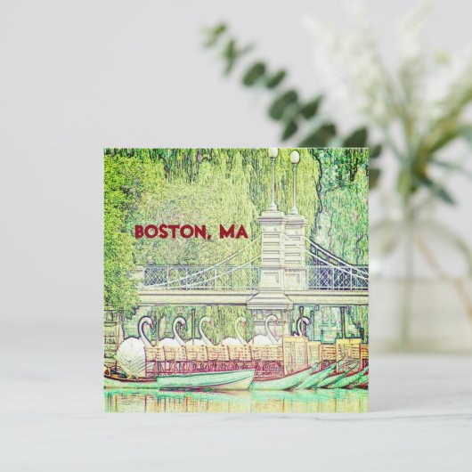 ボストンスワンのボートの鉛筆とインクのノートカード (スタンド正面)