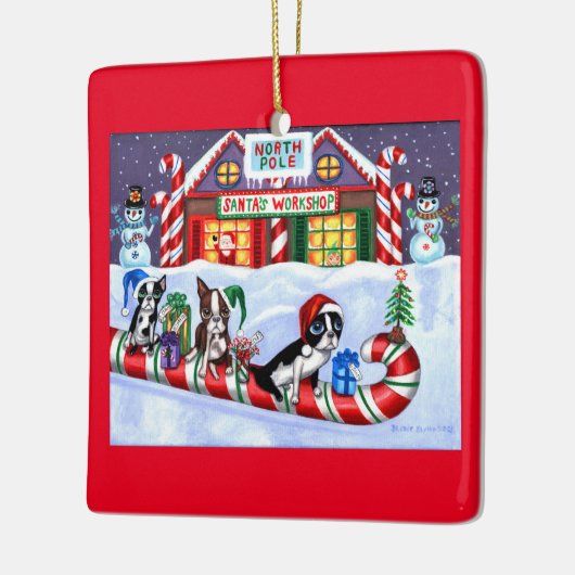 ボストンテラーズキャンディーケーンサンタクリスマス雪だるま セラミックオーナメント (左)