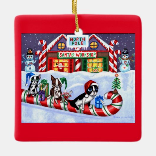 ボストンテラーズキャンディーケーンサンタクリスマス雪だるま セラミックオーナメント (正面)