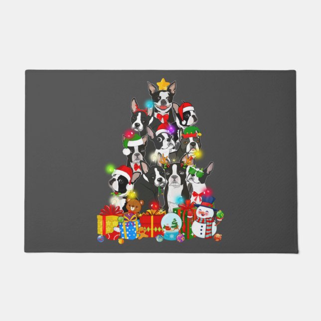 ボストンテリアおもしろいークリスマスツリーライトパピー ドアマット (正面)