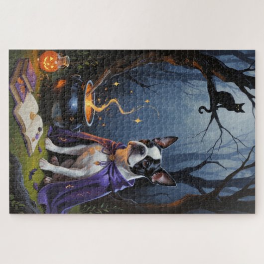 ボストンテリアお洒落ドッグ絵を描ハロウィン ジグソーパズル (横)