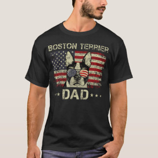 ボストンテリアお父さん犬好きアメリカ国旗 7月4日 Tシャツ
