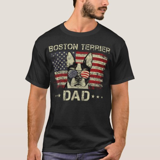 ボストンテリアお父さん犬好きアメリカ国旗 7月4日 Tシャツ (正面)