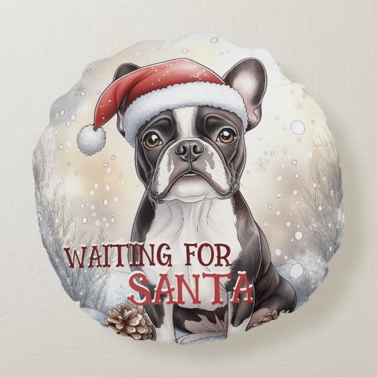 ボストンテリアがサンタドッグの水彩を待つ ラウンドクッション (裏面)