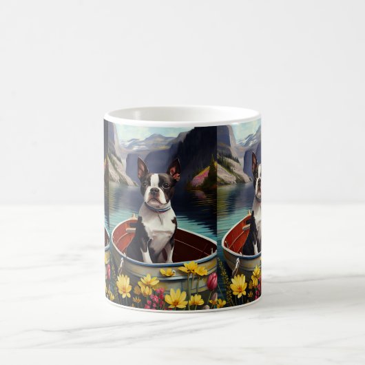 ボストンテリアがパドルに乗る:風光明媚な冒険 コーヒーマグカップ (中央)