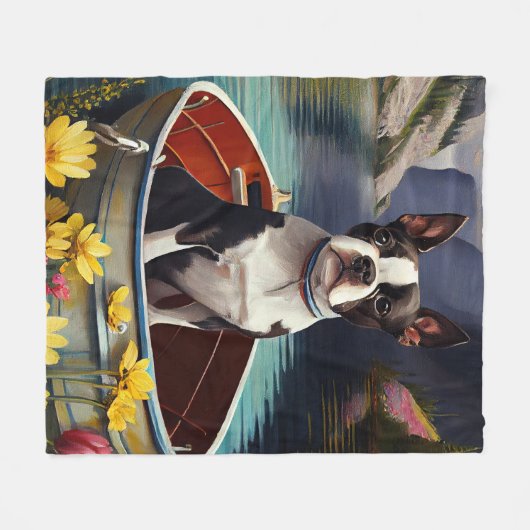 ボストンテリアがパドルに乗る:風光明媚な冒険 フリースブランケット (正面(横))