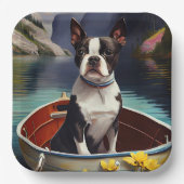 ボストンテリアがパドルに乗る：風光明媚な冒険 ペーパープレート (正面)