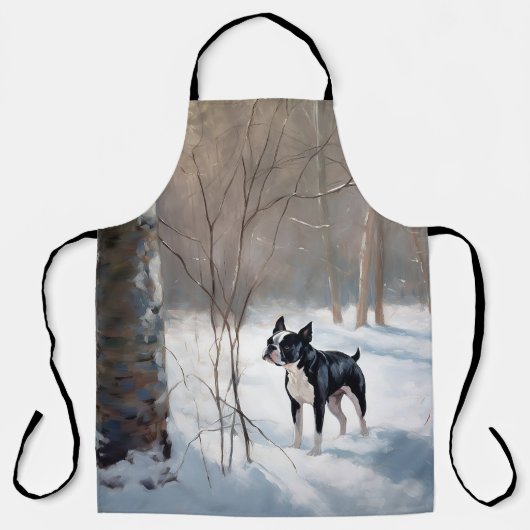 ボストンテリアが雪のクリスマスを過ごす エプロン (正面)
