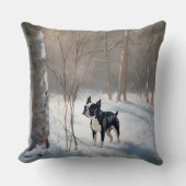 ボストンテリアが雪のクリスマスを過ごす クッション (正面)