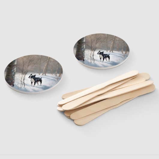 ボストンテリアが雪のクリスマスを過ごす ハンドファン (組立なし)