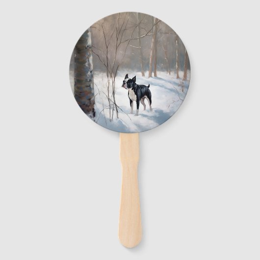 ボストンテリアが雪のクリスマスを過ごす ハンドファン (正面)