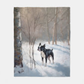 ボストンテリアが雪のクリスマスを過ごす フリースブランケット (正面)