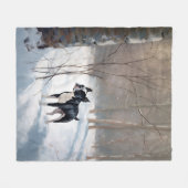 ボストンテリアが雪のクリスマスを過ごす フリースブランケット (正面(横))