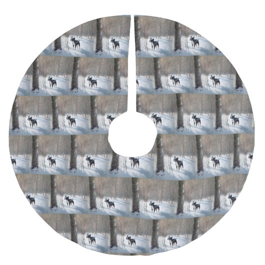 ボストンテリアが雪のクリスマスを過ごす ブラッシュドポリエステルツリースカート (正面)