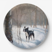 ボストンテリアが雪のクリスマスを過ごす ペーパープレート (正面)