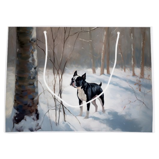 ボストンテリアが雪のクリスマスを過ごす ラージペーパーバッグ (正面)