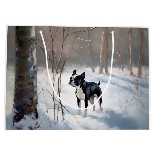 ボストンテリアが雪のクリスマスを過ごす ラージペーパーバッグ (裏面)