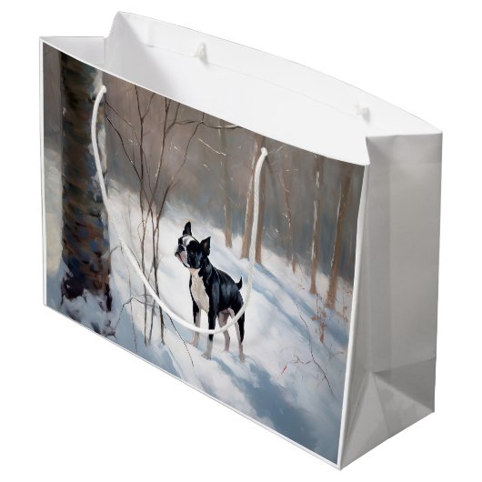 ボストンテリアが雪のクリスマスを過ごす ラージペーパーバッグ (裏面アングル)